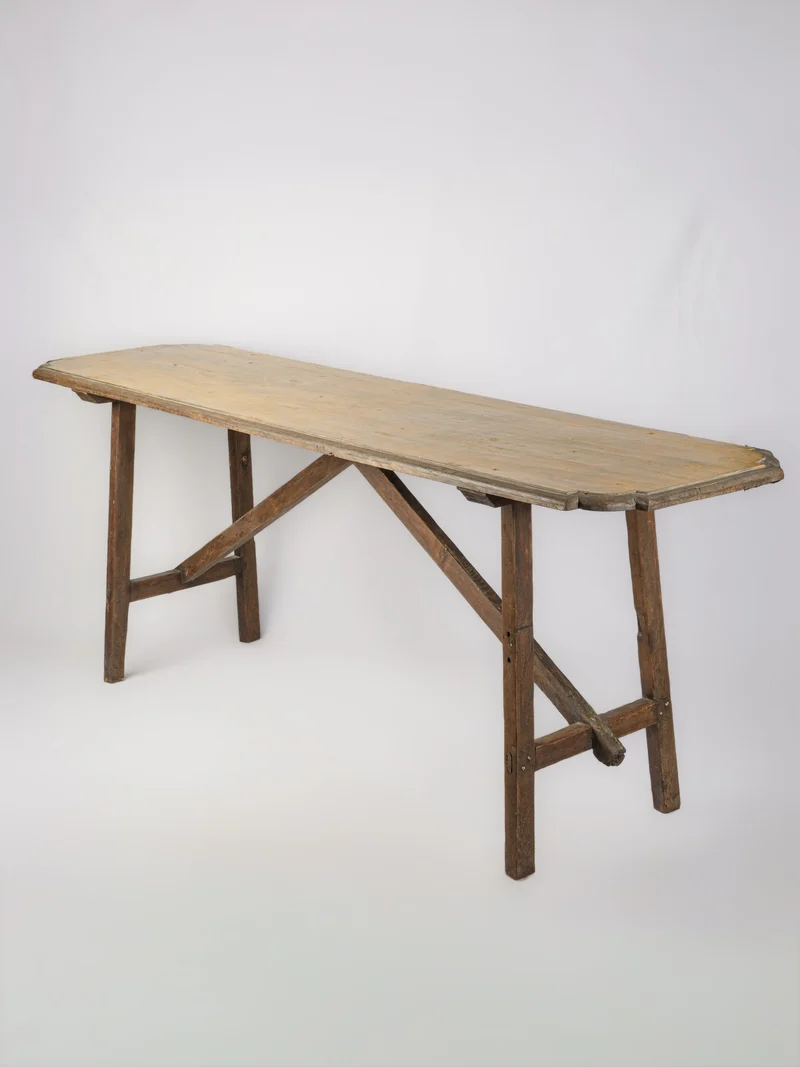 Narrow Rustic Wood Console Table w/ Ocher-Painted Top, 20th Century - 80¾"