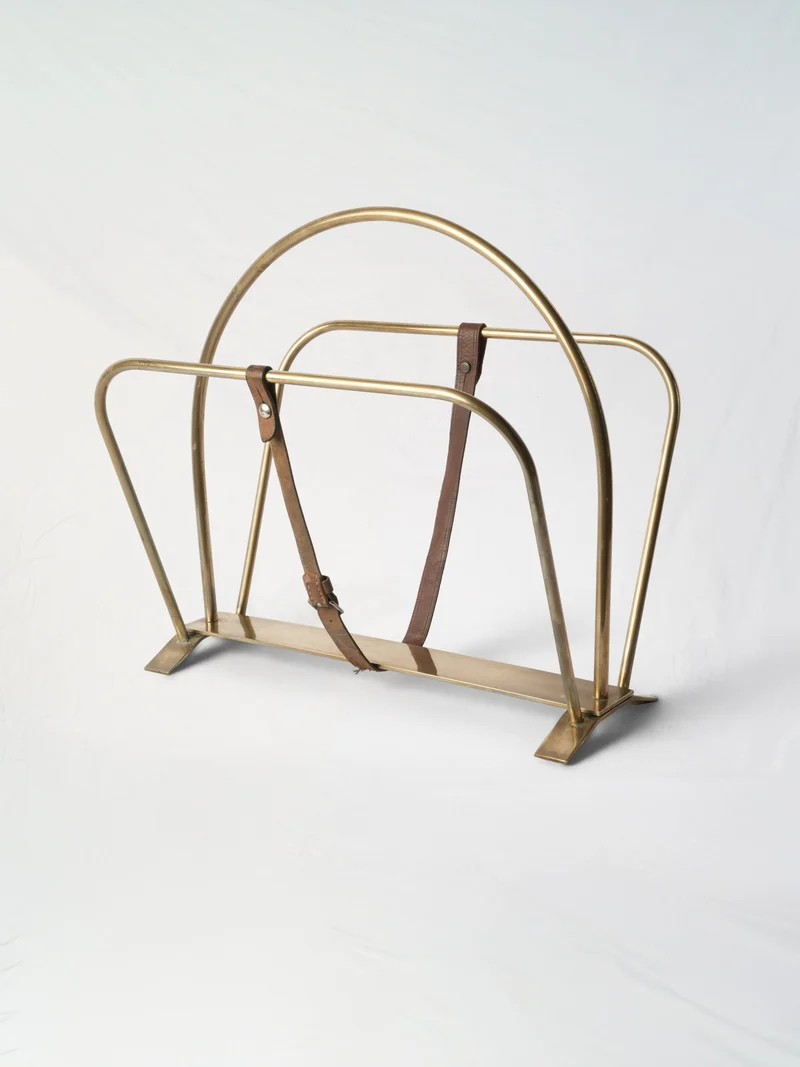 Mid-Century Hollywood Regency Brass Magazine Rack with Buckled Leather Strap - 16½" x 17¾"