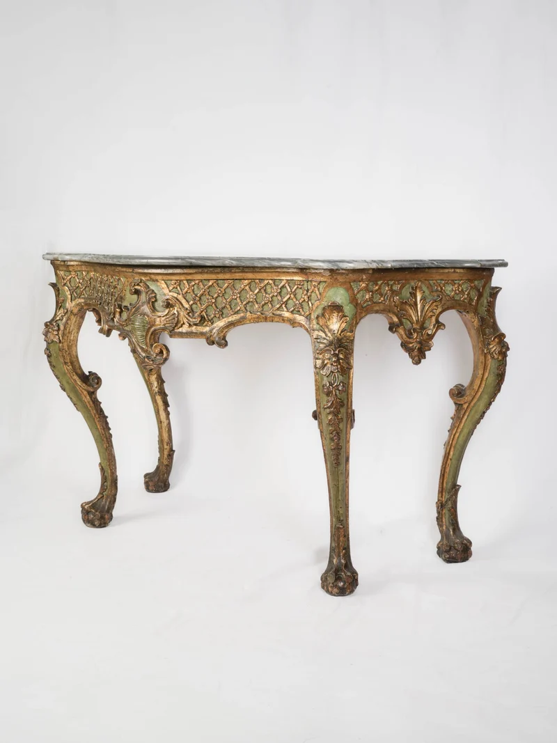 Striking Venetian Green-Lacquered and Gilt Rococo Console Table, 18th Century - 35"x 60¼"