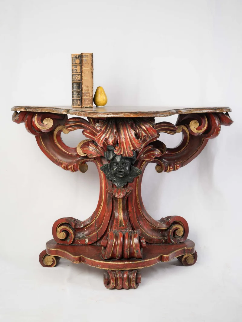 Italian Baroque Revival Console Table w/ Richly Carved Base & Faux Marble Top, Late 19th Century - 32" x 41¼"