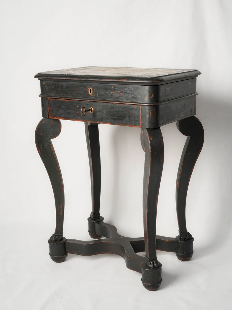 Antique French Mahogany Travailleuse with Painted Maritime Decoration, c. 1860 - 29¼"