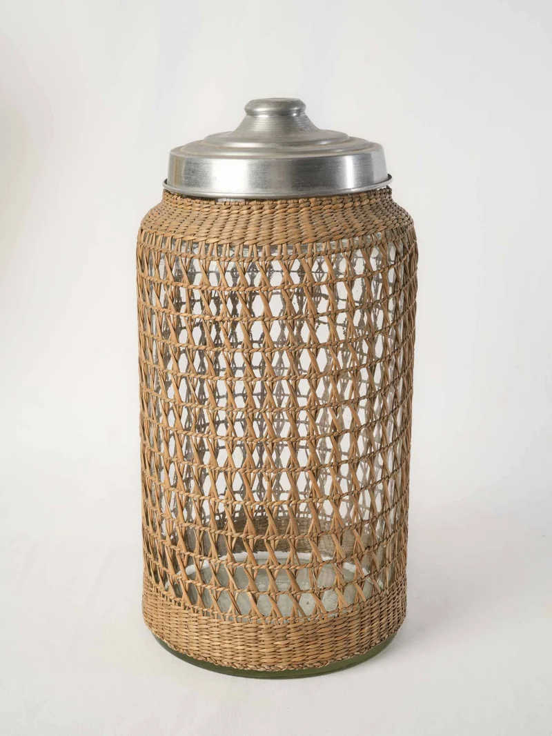 1960s rattan clad glass canister with aluminum lid - 15¾"