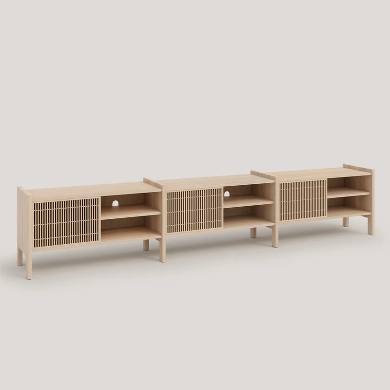 Large Mendia TV furniture in solid wood for vinyl records 3 doors 301 cm