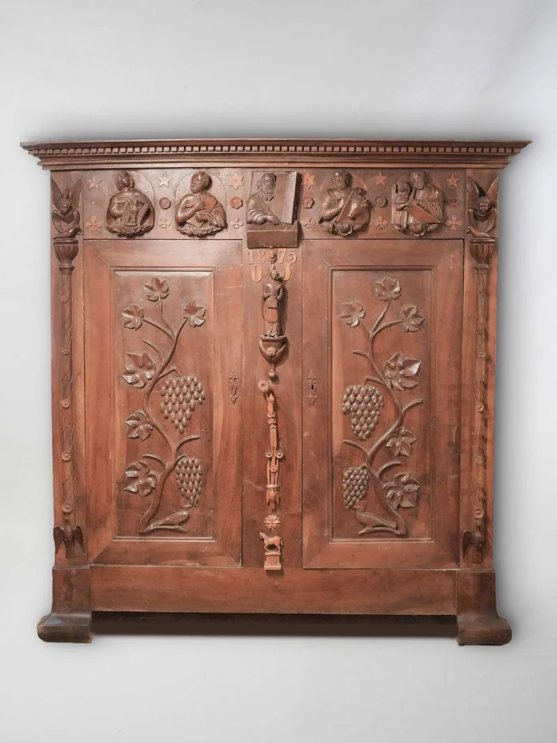 Exceptional French Folk-Art Walnut Armoire w/ Religious Iconography, Dated 1875 - 87" x 77¼"