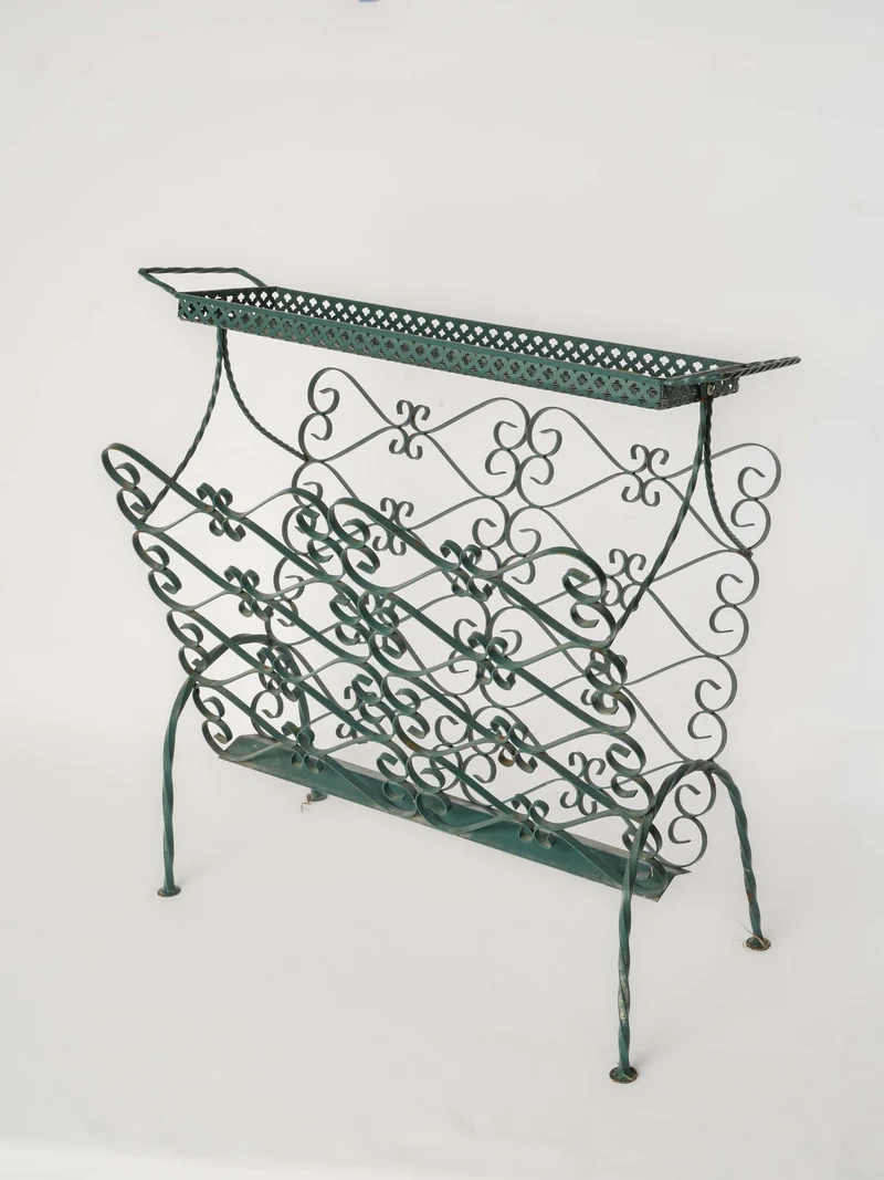 Mid-20th century Ornate Green-Painted Wrought Iron Magazine Rack - 21¾"