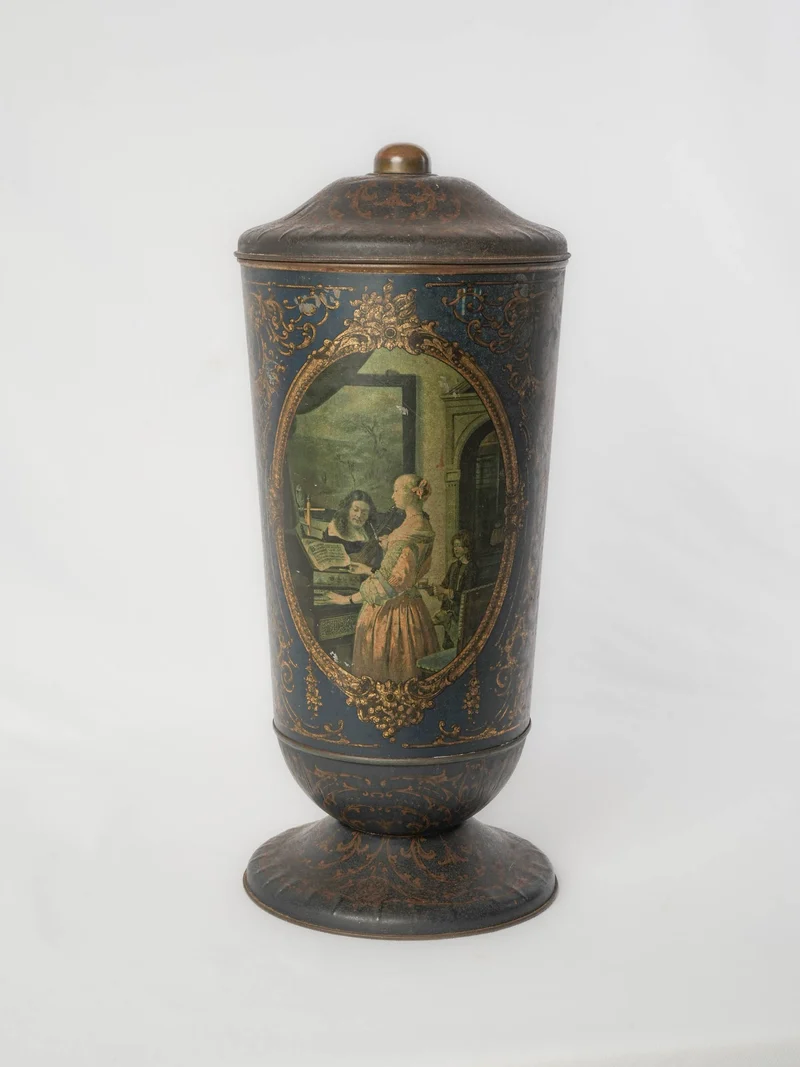 Tall Antique Biscuit Tin w/ Vermeer Scenes - 4¼"