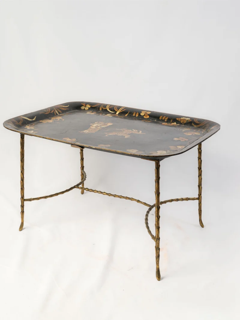 Elegant Gilt Brass Coffee Table w/ Hand-Painted Chinoiserie Tray, circa 1950 - 17¼" x 31½" x 24¾"