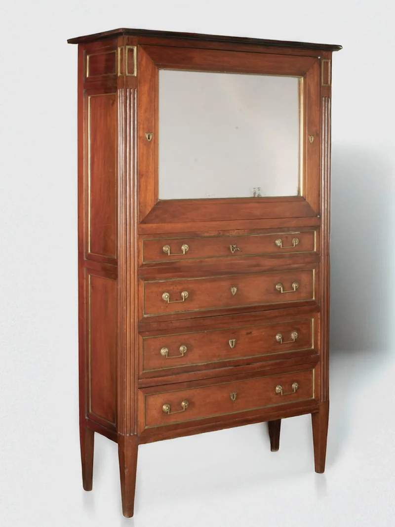 Louis XVI Mahogany Secretary Bookcase w/ Brilliant Mercury Mirror - 74¾" x 43"