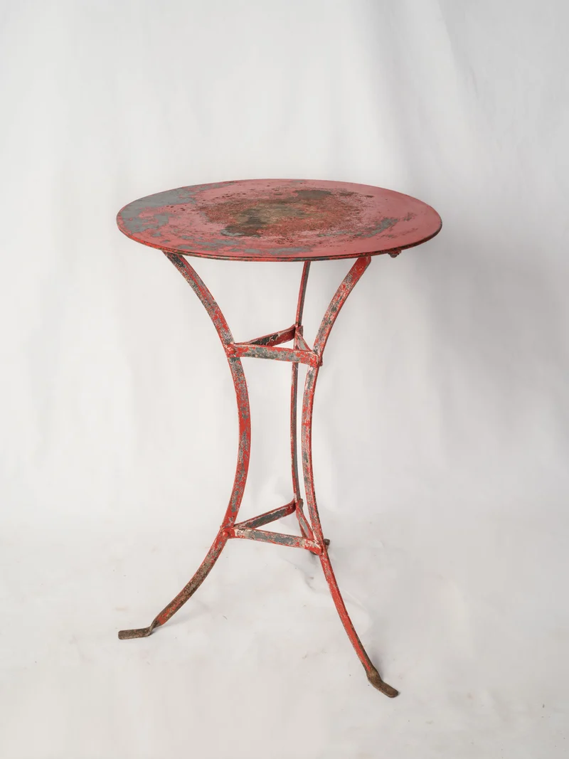 Graceful Antique Red-Painted Metal Pedestal Table with Timeworn Patina - 19¾" diameter