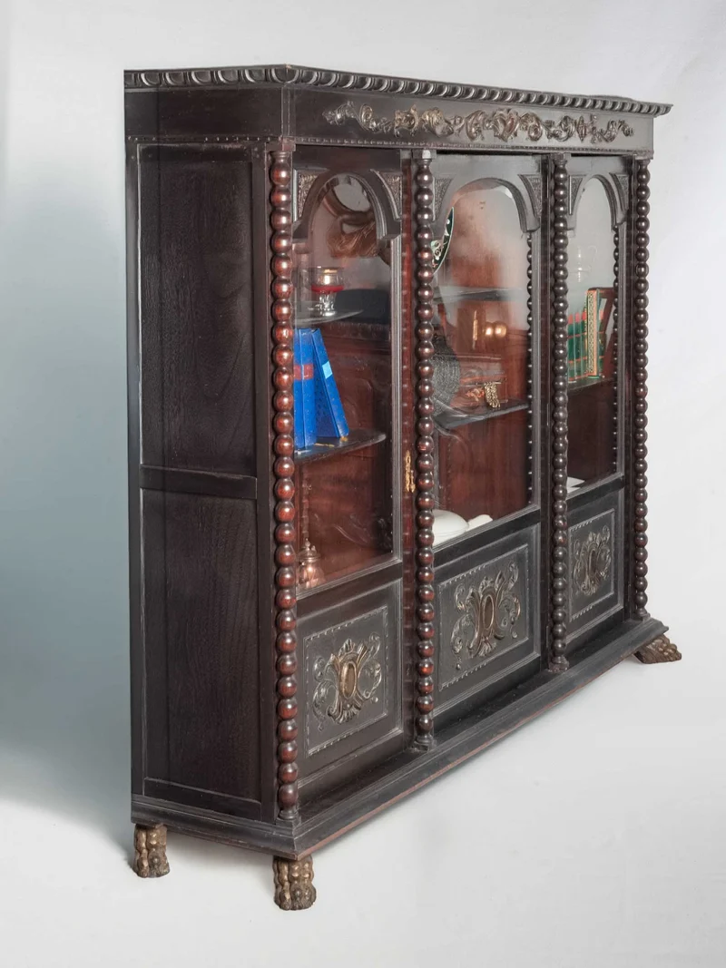 Striking Early 20th Century Ebonised Wood Bookcase w/ Sculpted Columns & Bevelled Glazed Doors - 90½"