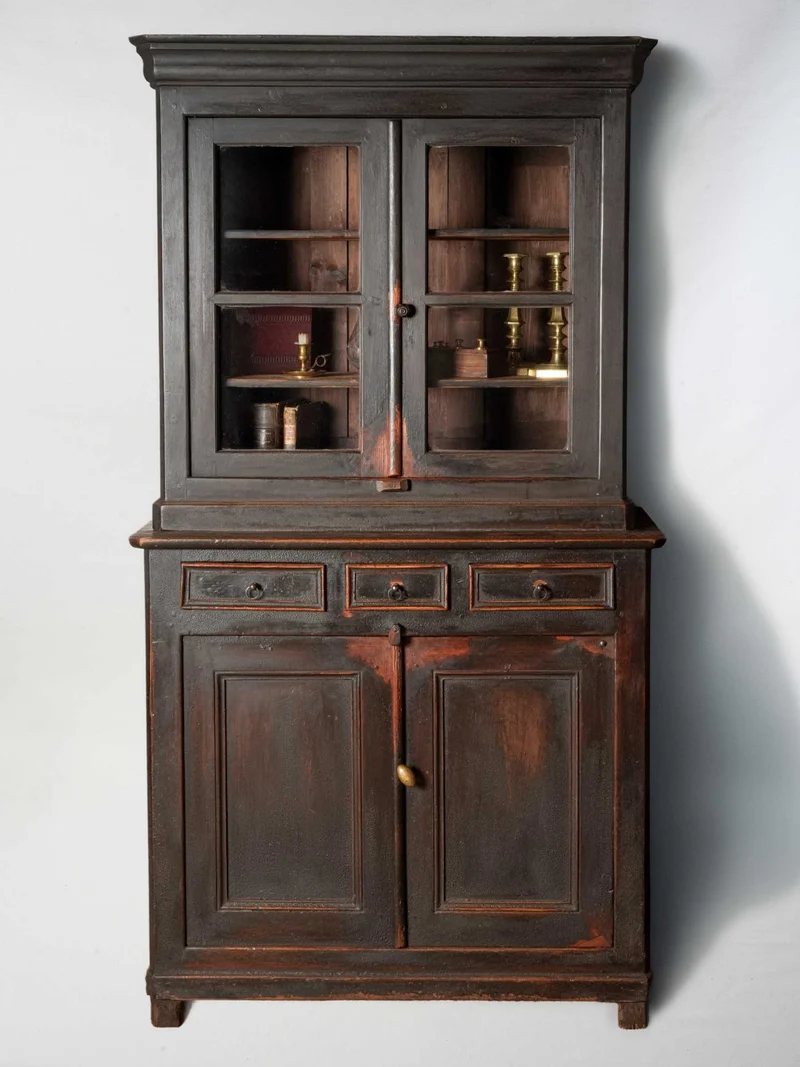 Handsome 19th Century Regional Black Painted Display Cabinet - 84¾"