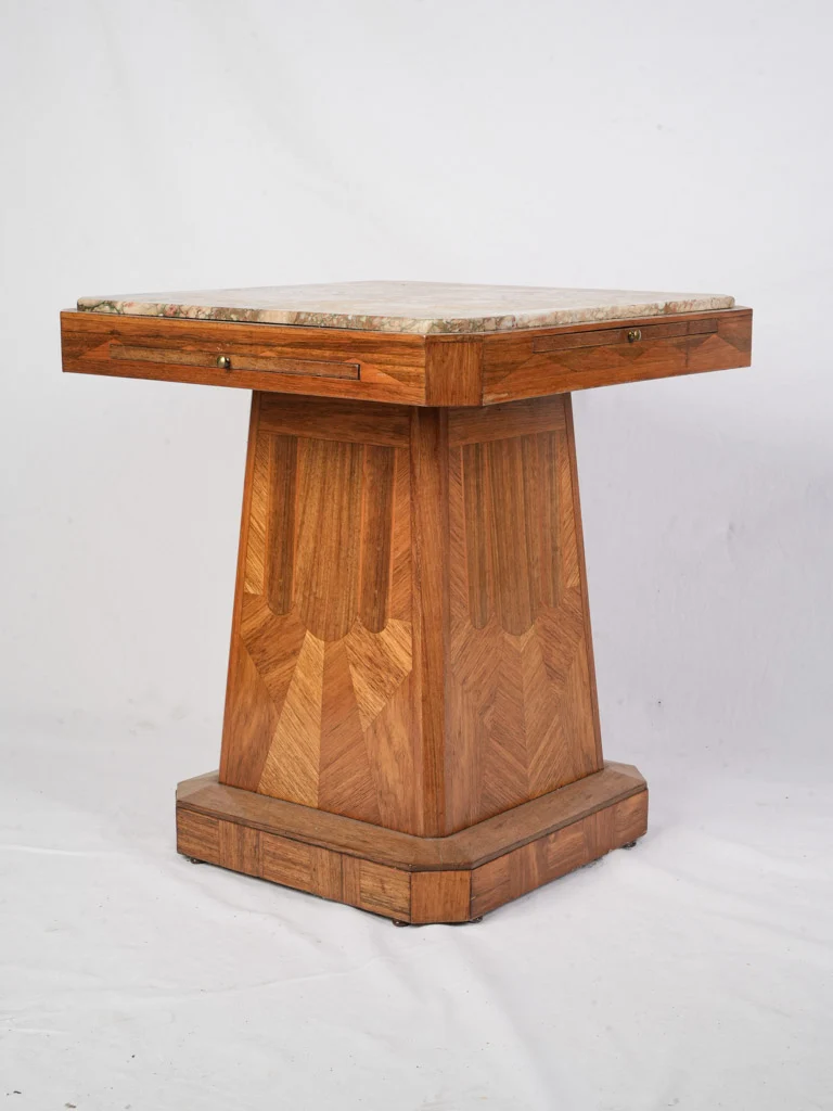 RESERVED PW - Elegant Art Deco Marquetry Side Table w/ Marble Top - 26" x 23¾"E