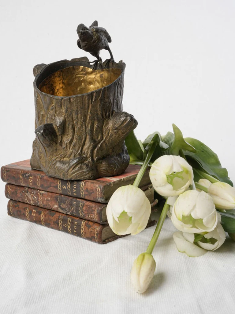 Petite Metal Vessel Modeled as a Tree Stump w/ Perched Songbird - 5½"