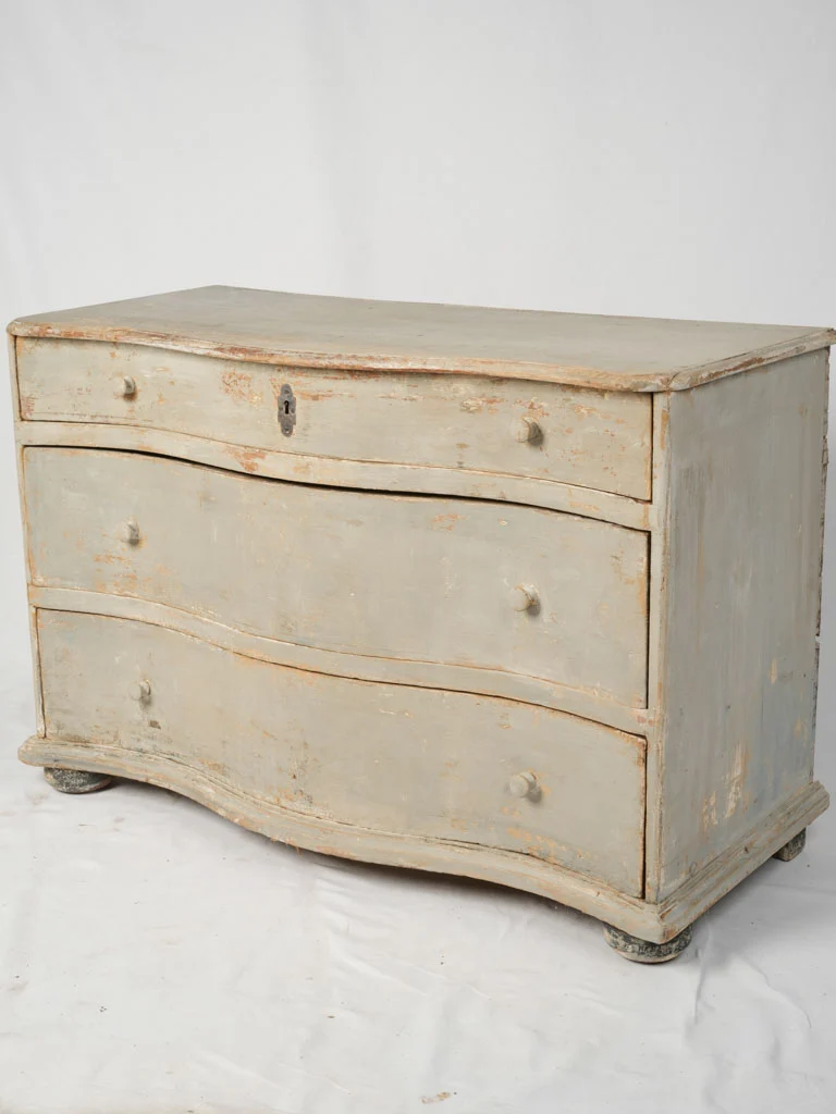European curved front commode w/ distressed gray patina 48"