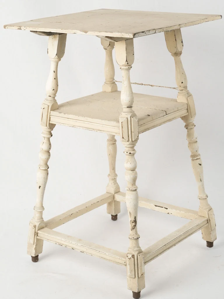 19th-century pedestal side table w/ shelf & white patina 27½"
