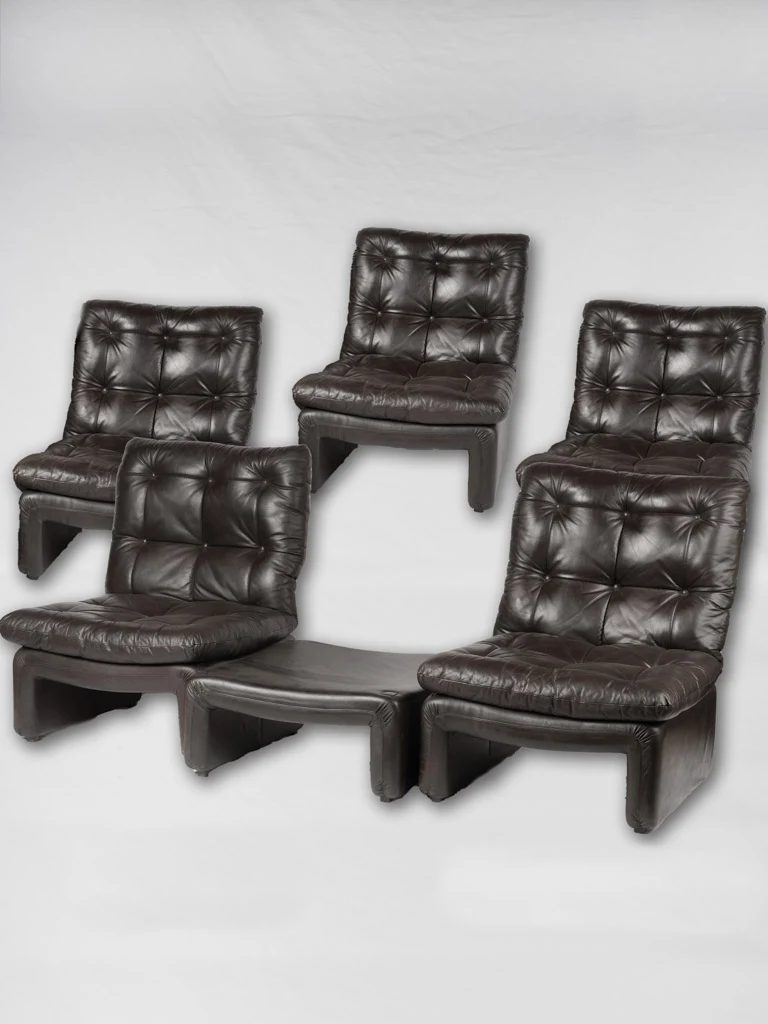 1970s black leather 6 piece modular sofa
