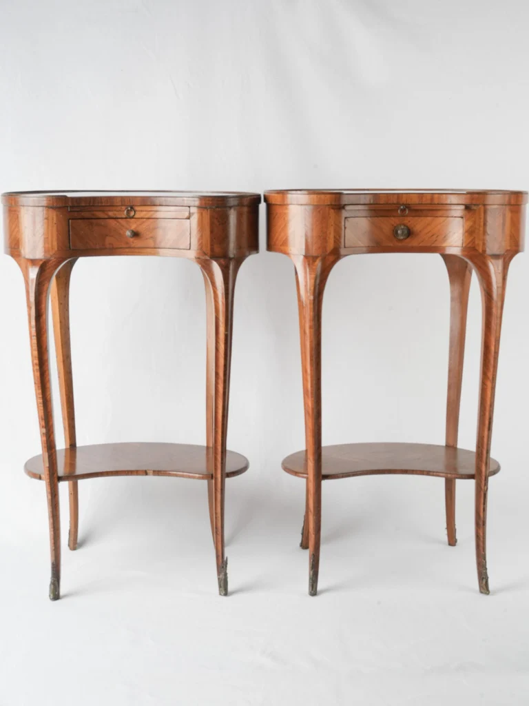Pair of 19th-century Louis XV-style kidney-shaped marquetry nightstands w/ marble 27¼"