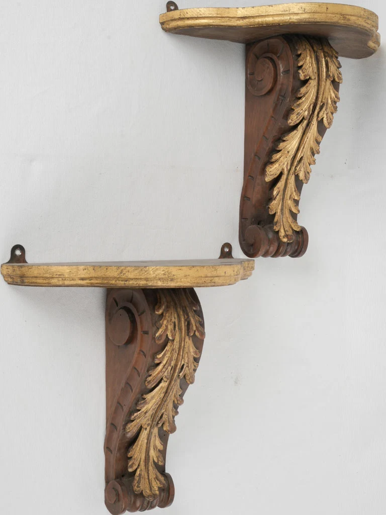 19th-century pair of gilded carved wood wall consoles