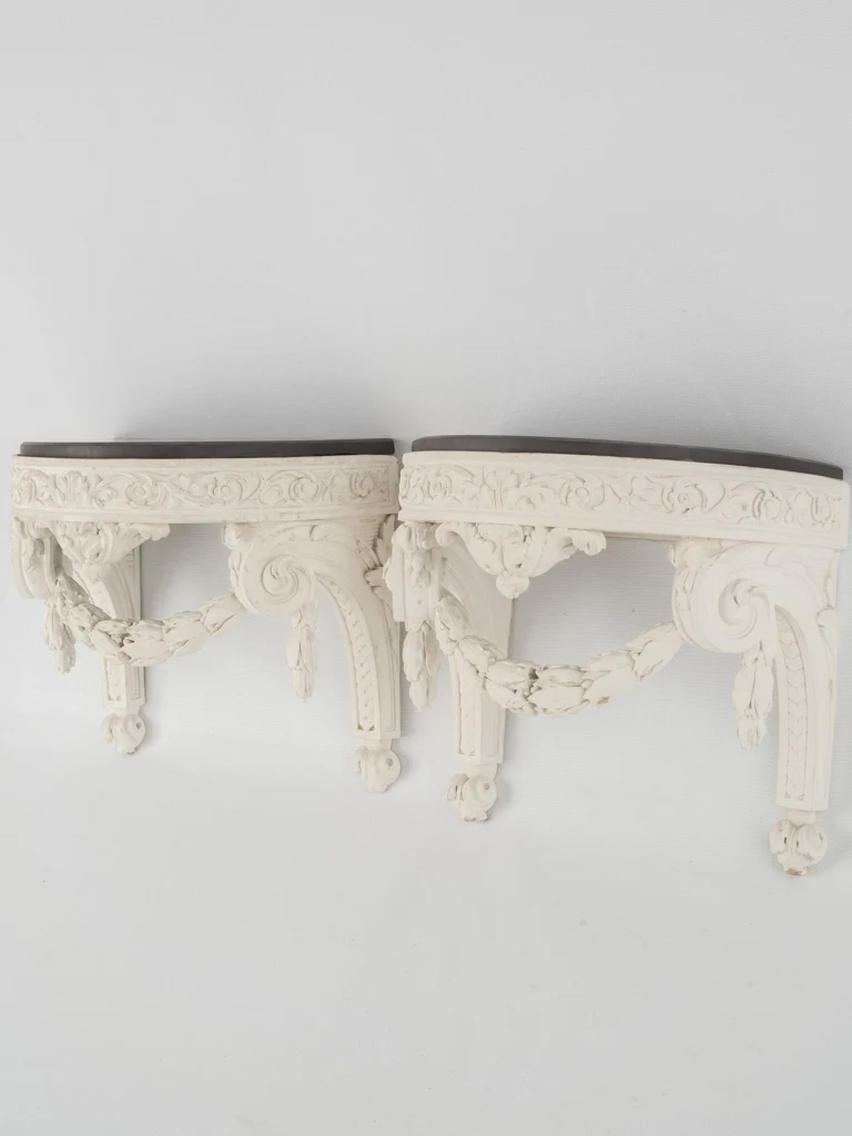 Pair of white Edwardian wall brackets w/ carved garlands & slate tops 12¼"
