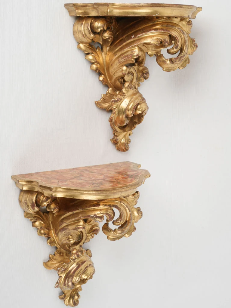Pair of 19th-century Louis XIV style floating wall consoles w/ faux marble tops 12½"