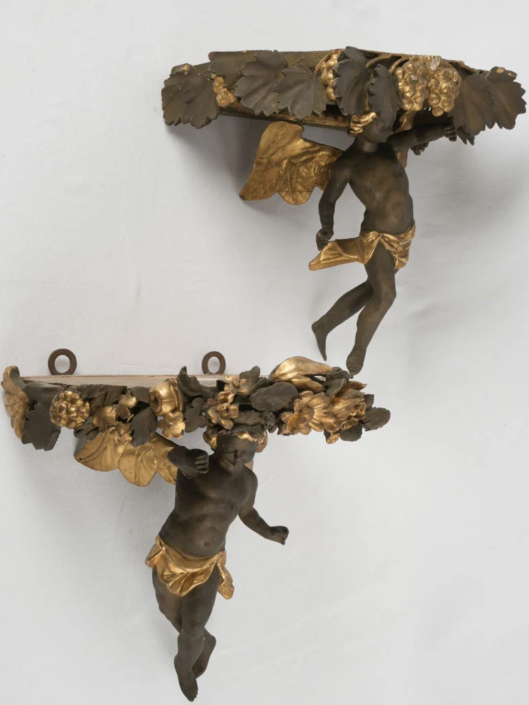 Pair of antique carved Italian sconces w/ gilded cherubs 13"