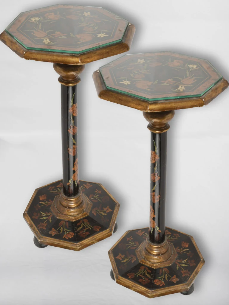 Pair of William & Mary parcel-gilt ebony, walnut and fruitwood marquetry "Torchere" side tables 32"