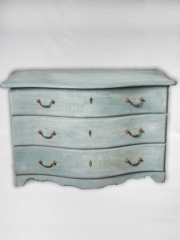 18th-century Flemish 3-drawer bow front commode w/ blue patina 32¾"