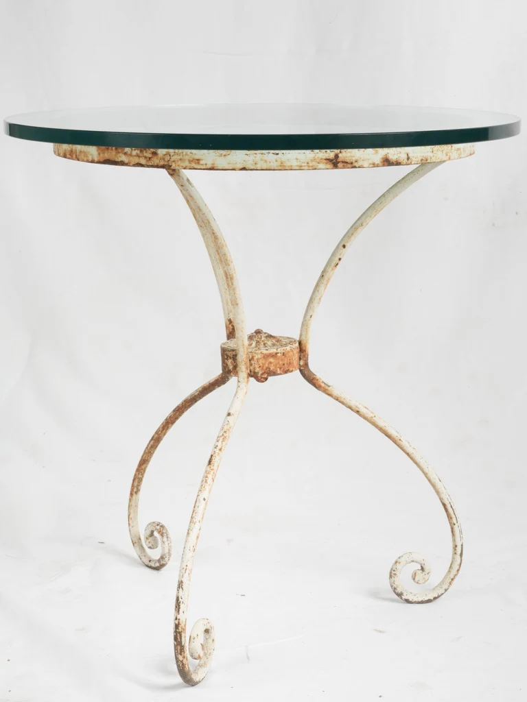 19th-century iron table base w/ thick round glass top 28" diameter