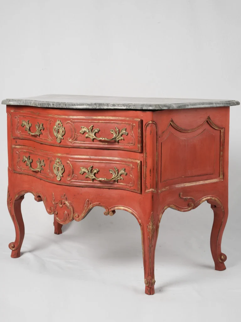 Mid 18th-century Louis XV Provençal red & gold painted two-drawer sauteuse commode 32¾"