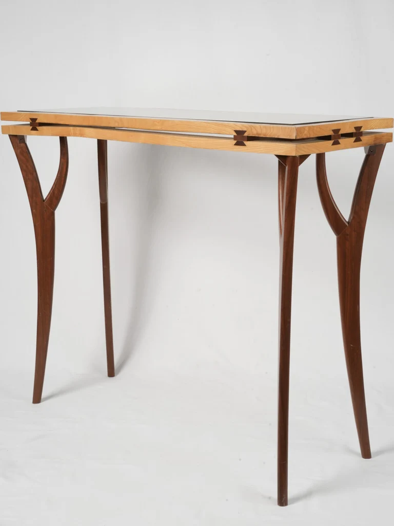 1960s Italian mahogany & ash wood console table w/ glass top - tall 39¾"