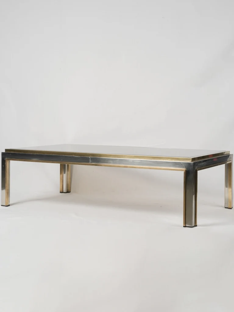 1960s rectangular Italian smoked glass coffee table w/ brass & chrome frame - Romeo Rega-style 15"