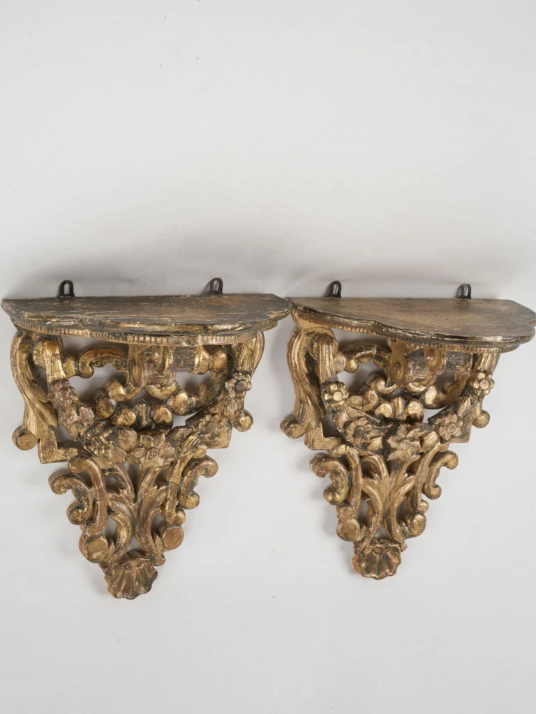 Exceptional pair of antique gilded wall brackets 17"