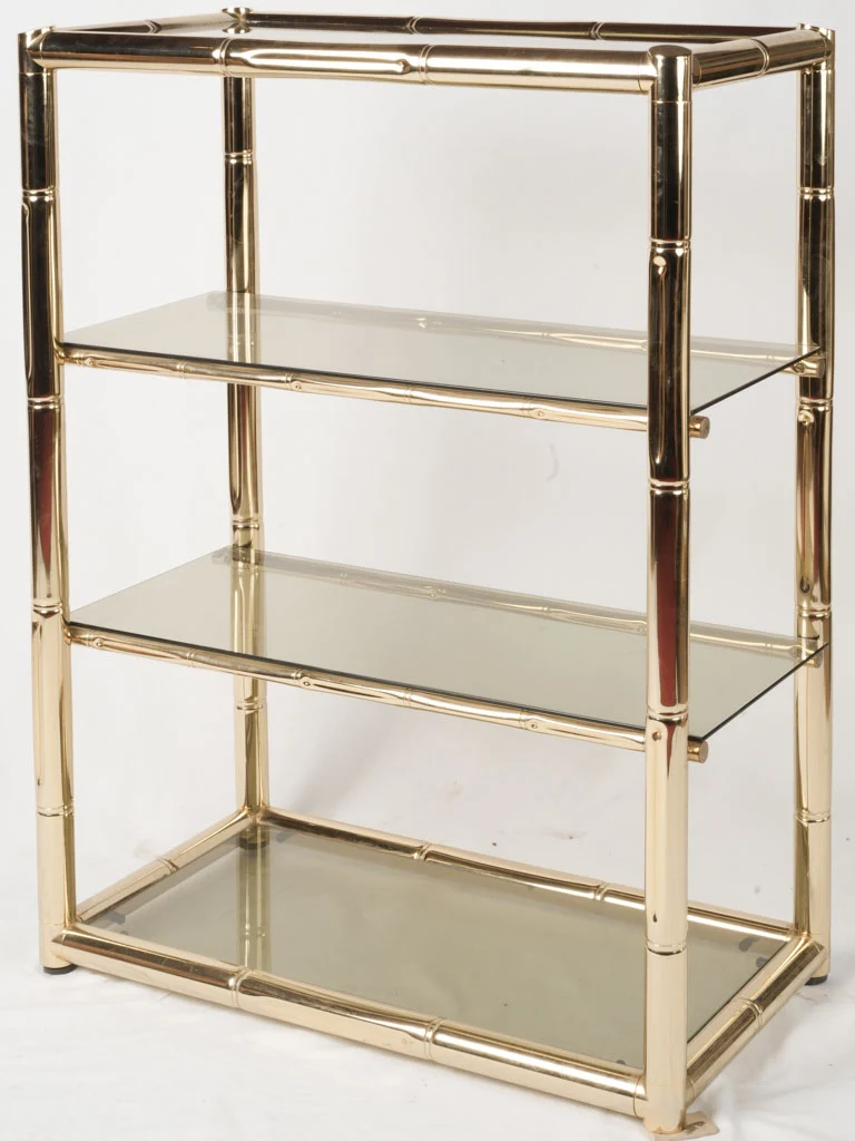 Mid-Century modern Italian four-tier gilt metal faux bamboo étagère w/ glass shelves 39¾"