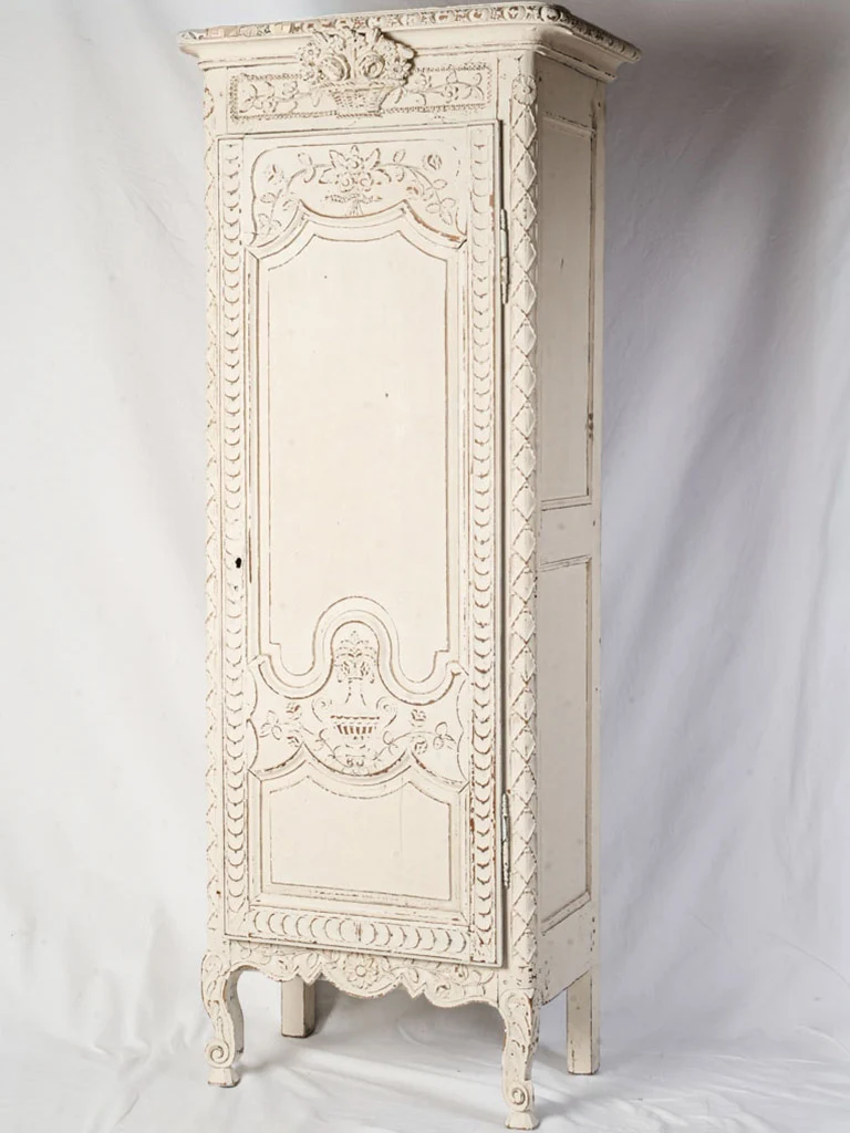 Romantic Early 20th Century French Carved Armoire w/ Soft White Patina - 74½" x 30¼"