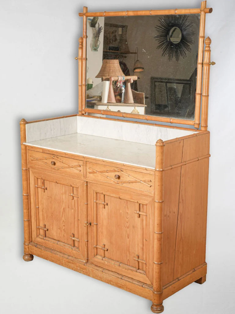1900s French Faux-Bamboo Dressing Table with Marble Top and Mirror - 66½"