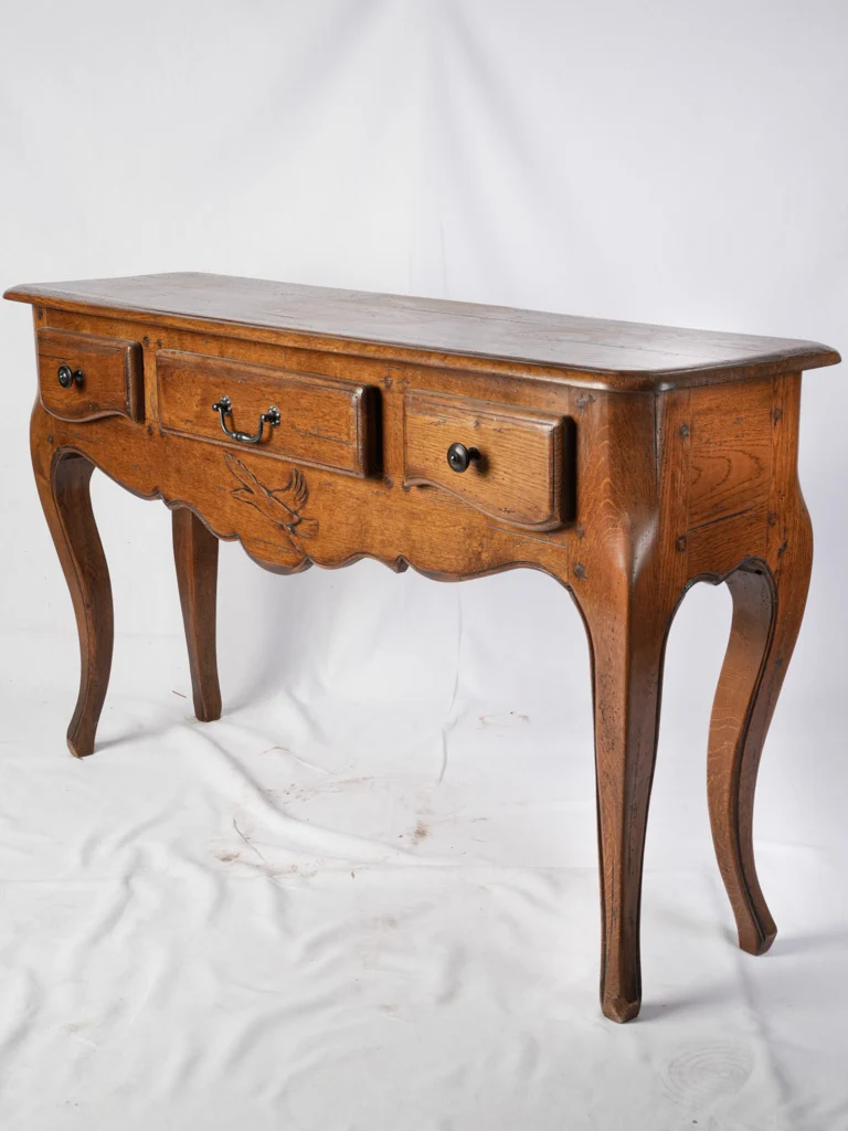 French 1960s Provincial Oak Console Table w/ Carved Duck Motif - 53½"
