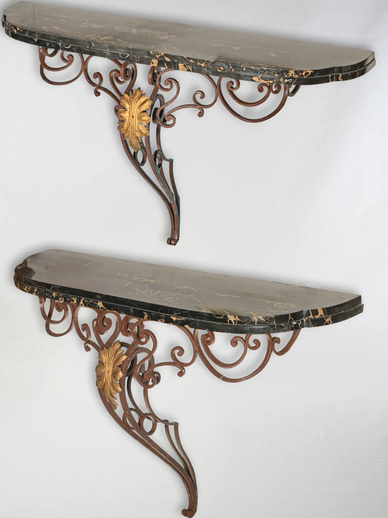 Striking Pair of Early 20th Century French Portoro Marble and Wrought Iron Wall Consoles - 36½" x 55"