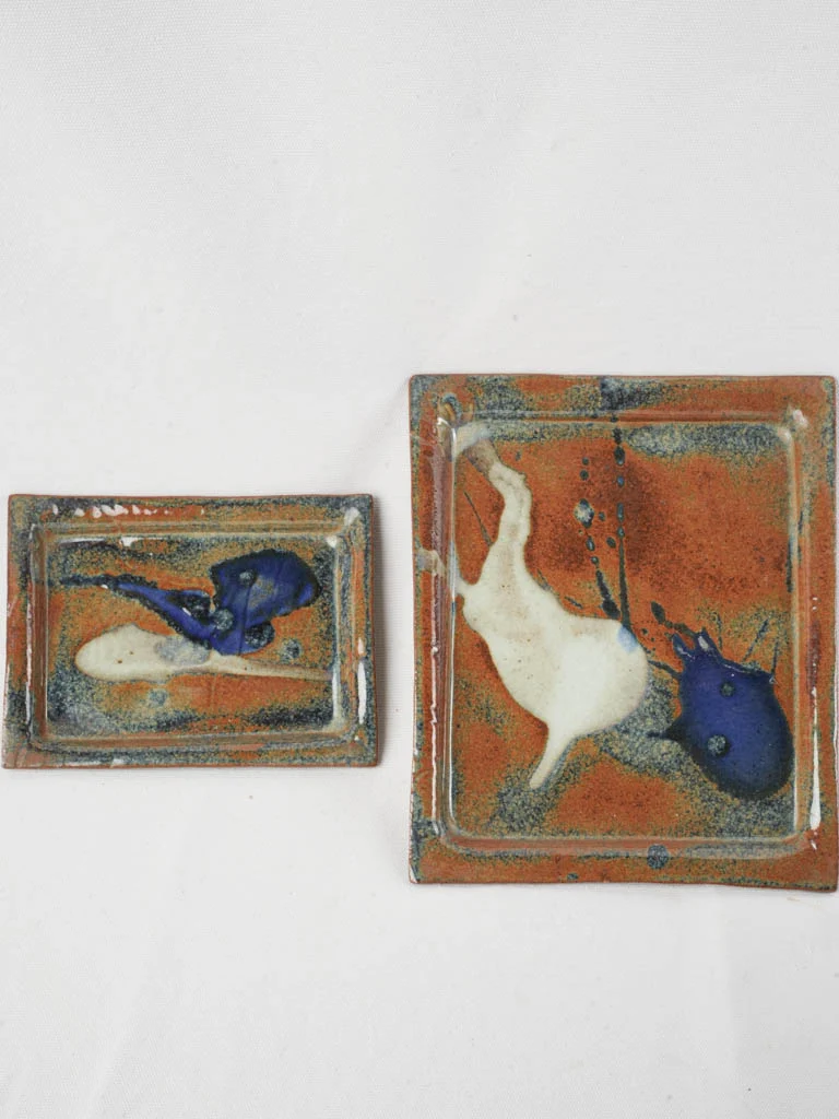 Pair of Vintage French Studio Stoneware Trays w/ Painterly Abstract Glaze