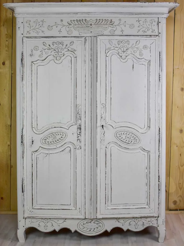 Antique French marriage armoire with white patina