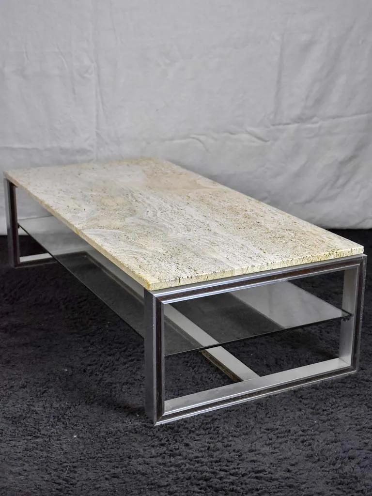 1970's travertine, glass, chrome coffee table - Michel Ducaroy