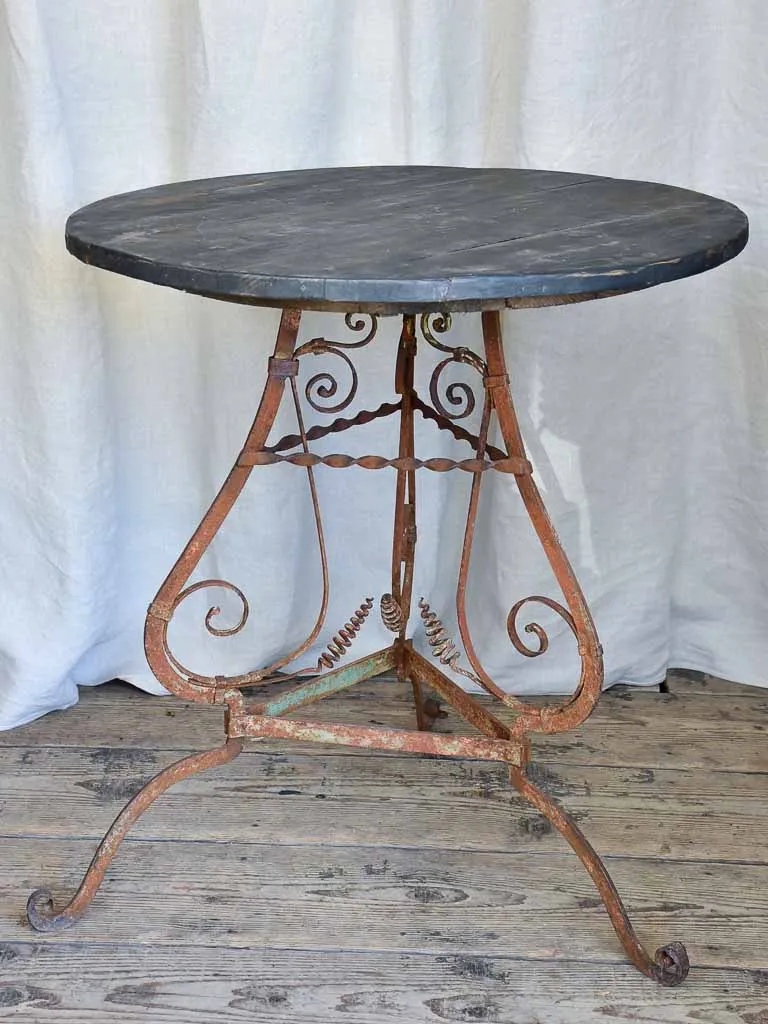 Antique Wooden Top Table with Wrought Iron Base