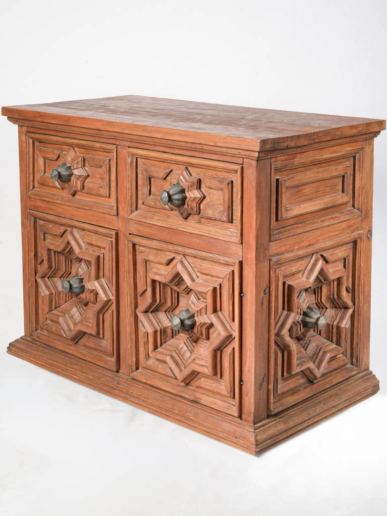 1940s French Moorish Style Carved Fir Cabinet W/ Metal Handles - 29¼" x 37"