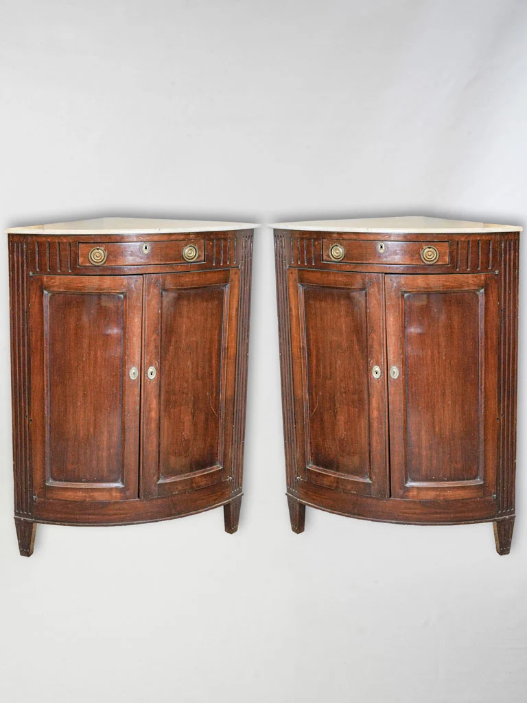 Pair of Late 18th-Century French Mahogany & Walnut Corner Cabinets w/ Marble Tops