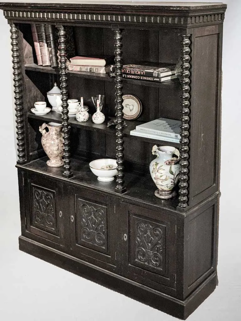 French Renaissance Revival Bookcase w/ Twisted Columns & Black Paint Finish 67" x 56¼"