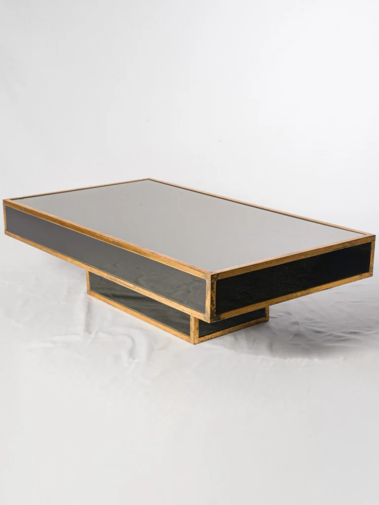 1970s Mid-Century Modern Black Glass & Gilded Iron Coffee Table 49¼" x 14¼"