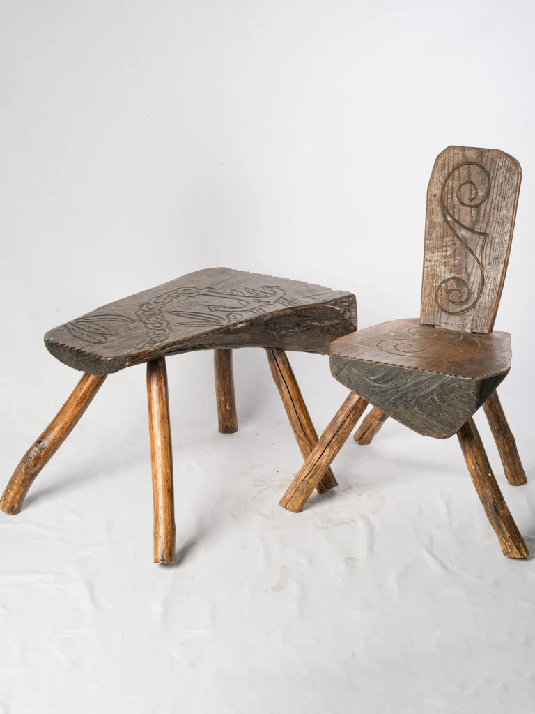 Rustic Folk Art Chair And Coffee Table Set With Marine Motif In Chestnut Wood