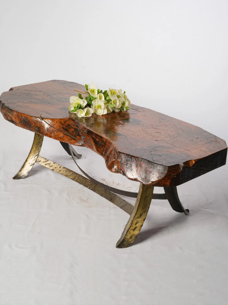 1950s French Alpine Folk Art Coffee Table – Arolle Pine & Gilt Iron Legs – 47¾"