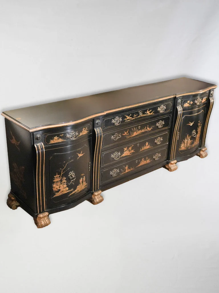 1970s French Chinoiserie Sideboard – Black Lacquer with Gilded Scenes – 95¼"