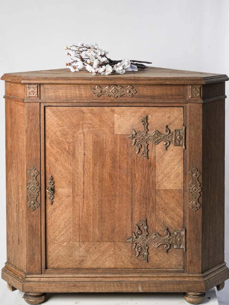 Early 20th-Century French Corner Cabinet W/ Copper-Toned Metal Fittings