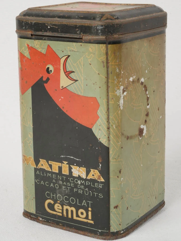 1940s French Cémoi Matina Chocolate Tin w/ Art Deco Rooster Design - 8"